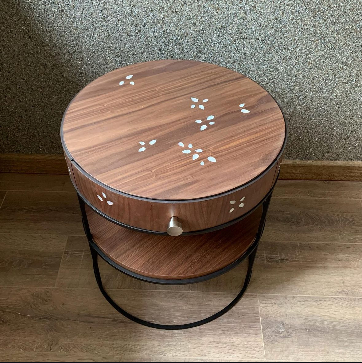 Circular Walnut Bedside Table with Mother of Pearl