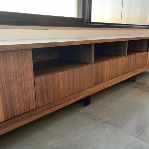 American Walnut TV Unit with Black Steel Base