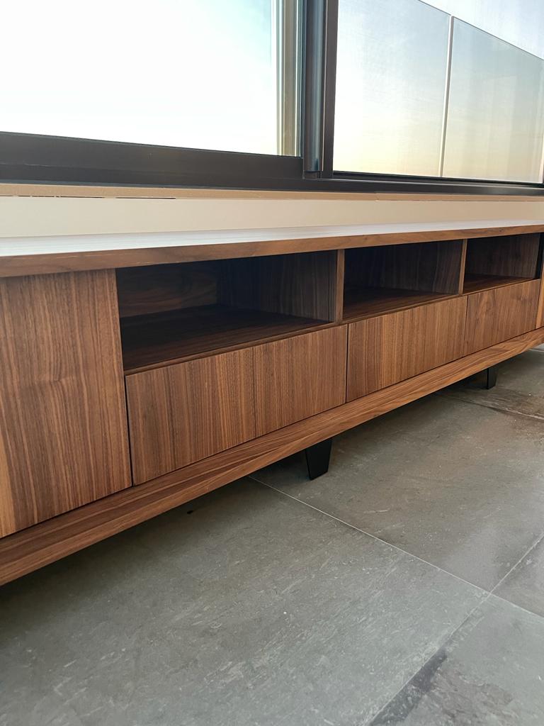 American Walnut TV Unit with Black Steel Base