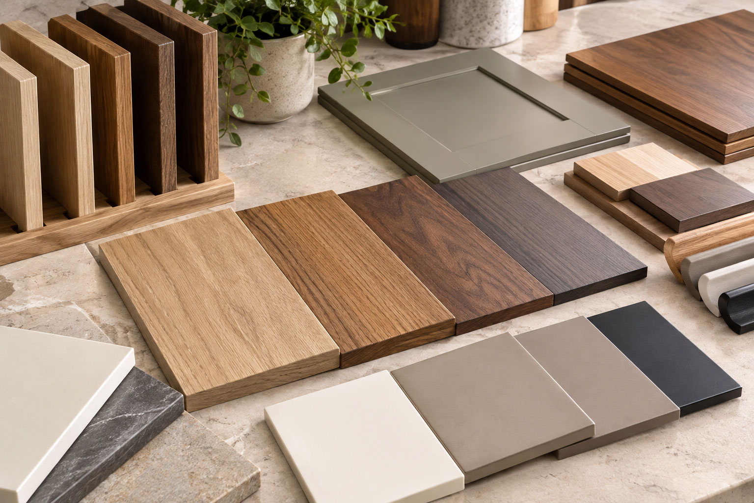 Different wood finishes and materials used for custom kitchen cabinets